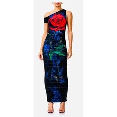 AFRM Biona One-Shoulder Ruched Mesh Maxi Bodycon Dress in Realism Rose XS