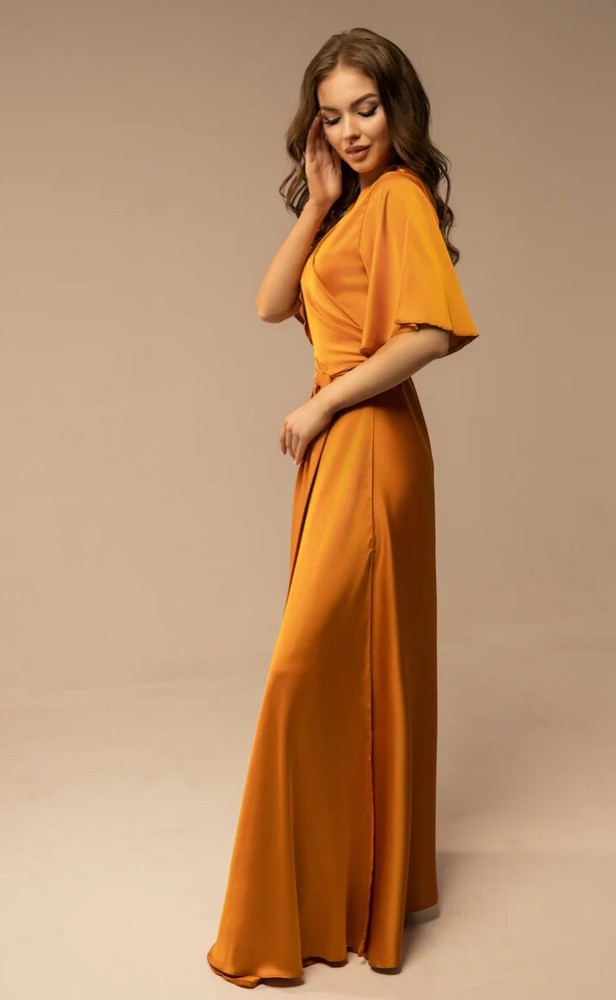 musturd rod satin silk wrape maxi dress for women flared sleeve v neckline