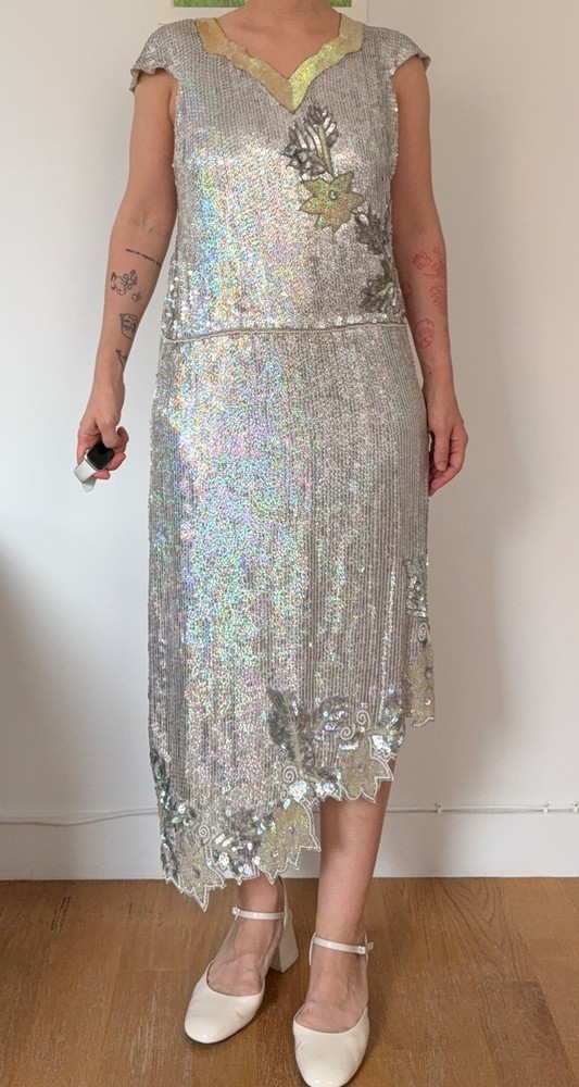 Iridescent silver formal summer wedding flower sequin midi dress