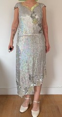 Iridescent silver formal summer wedding flower sequin midi dress