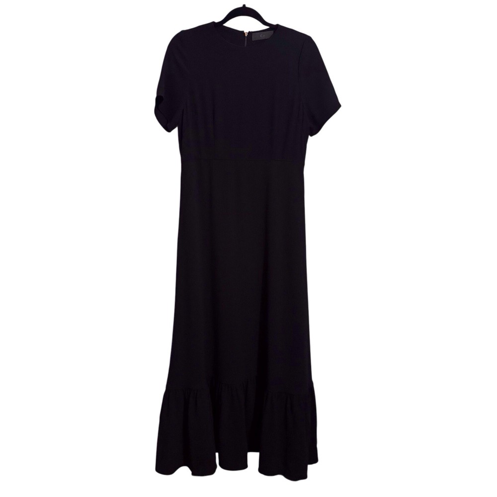 CO Size Large Black Short Sleeve Structured Ruffle Hem Maxi Dress Pockets Chic