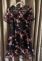 Black Mesh Floral Cocktail Vintage Fit & Flare Sheer Dress Knee Length 2XL