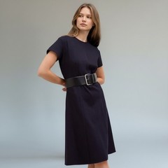 M.M.LaFleur Short Sleeve A Line Sheath Dress 4 Navy Stretch Knee Length Work