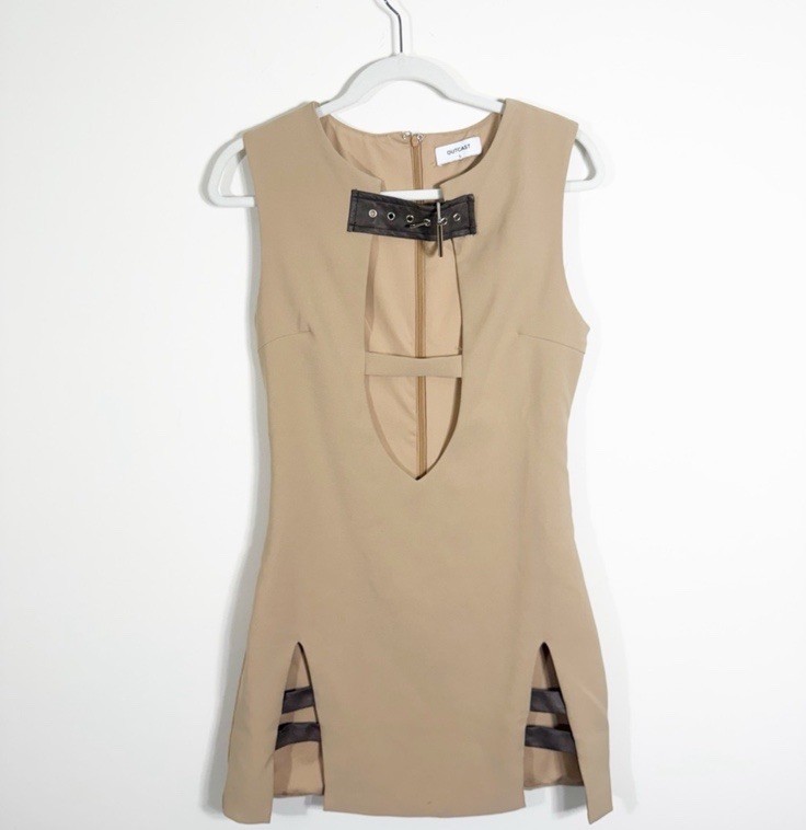 Outcast Murphy Mini Dress Beige Stretch Festival Sexy Tan Large Club