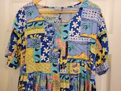 Jennifer Moore Light Blue, Aqua & Yellow Patchwork Print Midi Dress Size Large