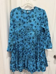 Zara Blue Floral A-Line Short Dress Ruffle Hem Round Neck 3/4 Sleeve M