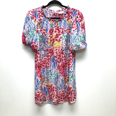 Umgee Womens Blue Pink Floral Metallic Smocked Puff Sleeve Lined Shift Dress L