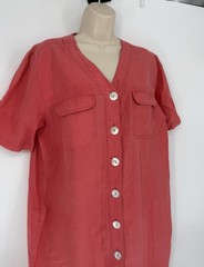 Tess Linen Midi Sheath Dress Vintage Size 12 Red Abelone Button Up Coastal