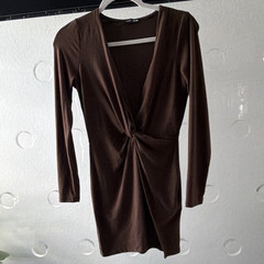 Fashion Nova Brown V-Neck Long Sleeve Twist Front Bodycon Mini Dress Size S/M