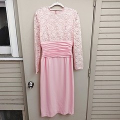 Vintage Talbots AJ Bari Pink Lace Sequin Ruched Waist Long Sleeve Formal Dress