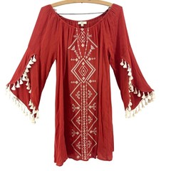 Kori America Embroidered Dress Womens S Red Rust Boho Tassel Bell Peasant Stevie