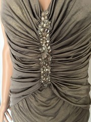 Cache Brown Solid Ruched V-Neck Sleeveless Sheath Knee Dress Rhinestone, L