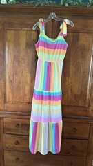 Multicolor Striped Maxi Sundress Bow Tie Straps Scoop Neck Stretch Sleeveless