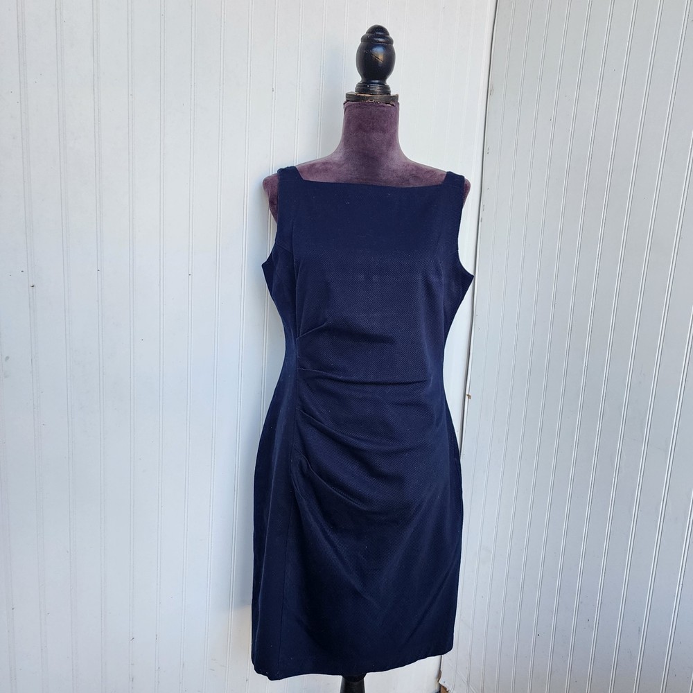 Magaschoni Navy Blue Sleeveless Casual Dress Textured Lined Stretch Slit Sz 12