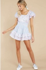 New LoveShackFancy Women&rsquo;s Stanton Ruffle Smocked Floral Blueberry Mini Dress S