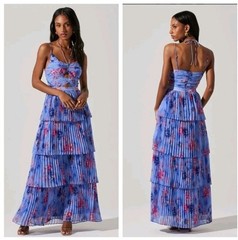 ASTR THE LABEL Daytona Pleated Floral Maxi Dress PERIWINKLE Pink Sz S NEW / READ
