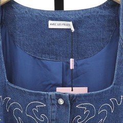 Avec Les Filles Denim Mini Dress Size 6 NWT Embroidered Western Snap Square Neck