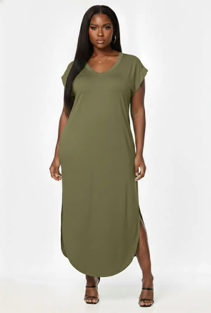 Women’s Green Solid V-Neck Short Sleeve Maxi Dress w/ Pockets Side Slit S