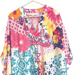 Dreams & Co Floral Patchwork Boho Caftan Maxi Lounger Dress Pink Blue 2X 26/28