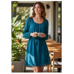 Speechless Teal Long Sleeve Round Neck Dress Black Lace Embellishments Mini Sz.M