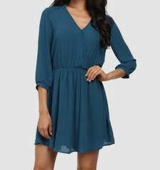 $56 Brigitte Bailey Womens Blue V-Neck Cuffed Sleeves Slip-On Mini Dress Size M
