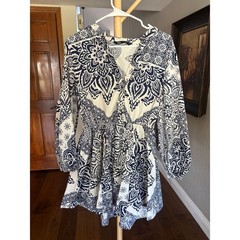 Zara Long Sleeve Mini Dress Womens L Navy White Paisley Balloon Sleeve Cotton