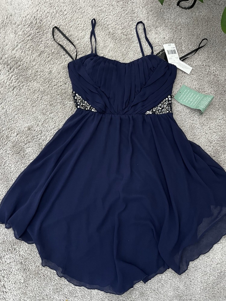 City Triangles Blue Chiffon Sweetheart Beaded Spaghetti Strap A-Line Dress 5