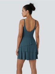 Halara SoftlyZero Airy Tiered Ruffle 2-in-1 Mini Dress Ink Green Medium NWT