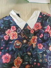 Vibrant Hibiscus Floral Navy Dress w/ Collar – Boho Chic