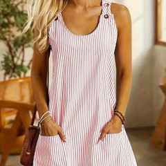 Summer Fashion Striped Patchwork Commuting U-Neck Sleeveless Pockets Back Button