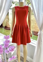 H&M Red Fit & Flare Dress Sleeveless Size 6 Floral Lace Sheer Neckline Holiday