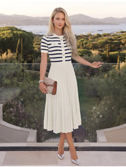 ZESICA Dress Womens Medium White Striped Pleated Sweater Fit Flare Midi Nautical