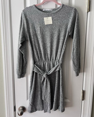 fraiche by J Gray Solid Knit Long Sleeve Crew Neck Tie Belted Stretch Dress S