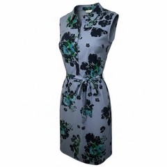 New York & Company Blue Floral V-Neck Sleeveless Shirt Dress Belted Knee XS