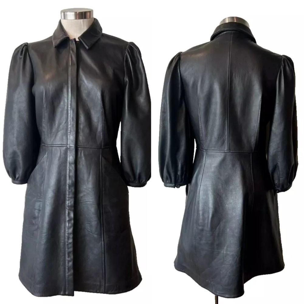Designer Black Leather Collared, Studs & Button Through Coat Dress 10Aust-UK/6US