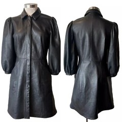 Designer Black Leather Collared, Studs & Button Through Coat Dress 10Aust-UK/6US