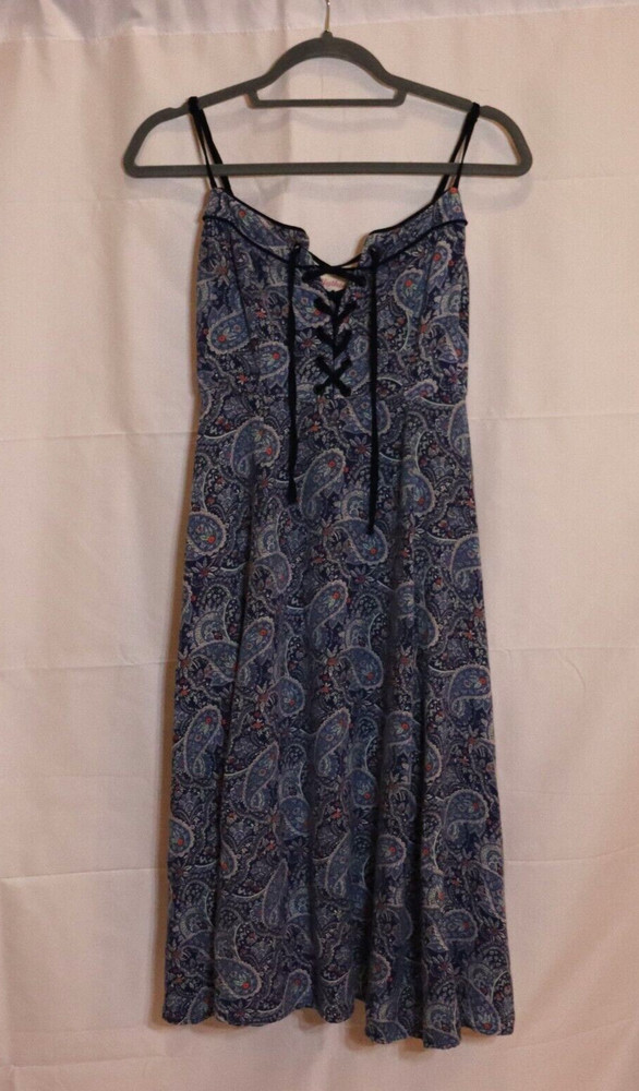 Alythea Dress Size Small, front tie corset style top, blue paisely, midi length
