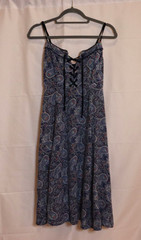Alythea Dress Size Small, front tie corset style top, blue paisely, midi length