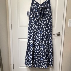 Scoop Navy/White Floral V-Neck Maxi Dress Adjustable Spaghetti Straps L Bow