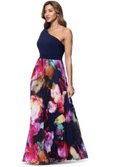 XSCAPE One-Shoulder Mixed-Media Chiffon Gown Women&rsquo;s 8 Navy/Fuchsia Back Zip
