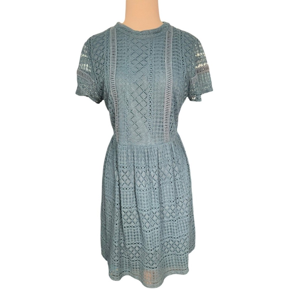 Coquette Romantic Old Money Francesca&rsquo;s Blue Lace Zip Back High Neck Size Large