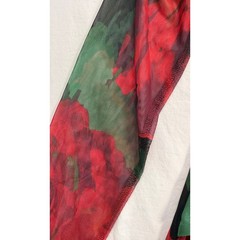 Anne Klein Titian Red Green Black Maxi Dress Sheer Vneck Floral SIZE 8