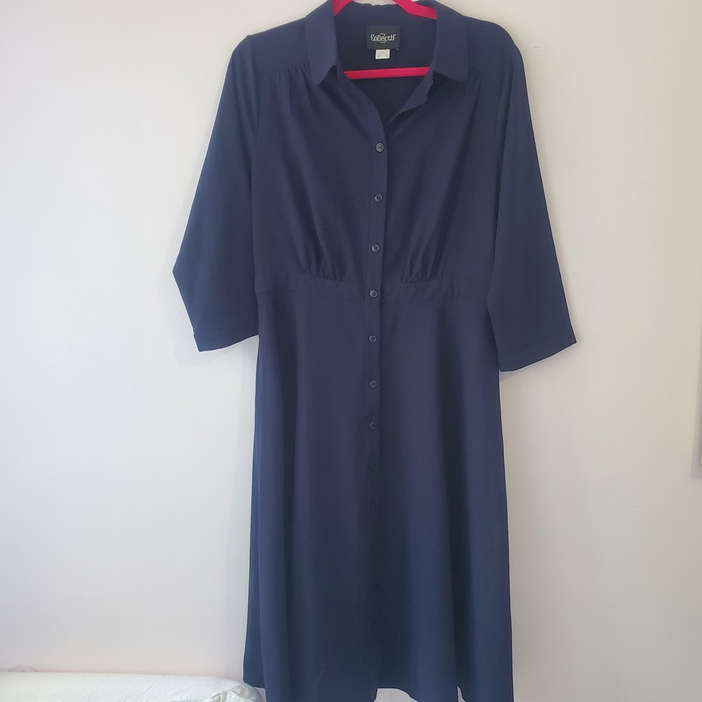 Collectif London Blue Button Front Midi Dress Sz10 Preppy Office Siren Church