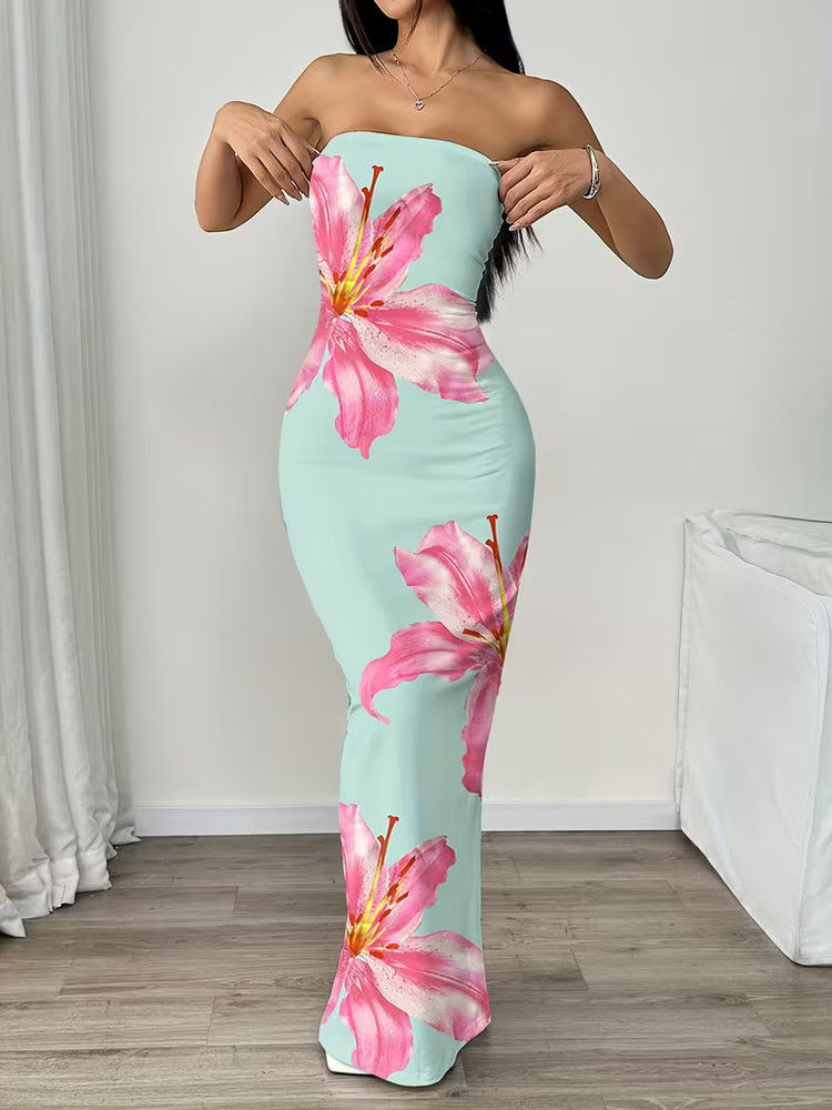 Large Mint Green Maxi Dress. Elegant Sleveless Ruched w Pink & White Flowers