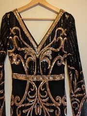 Goddiva Black Gold Sequin Maxi Fishtail Dress Flapper Gatsby 20&rsquo;s Style UK 8