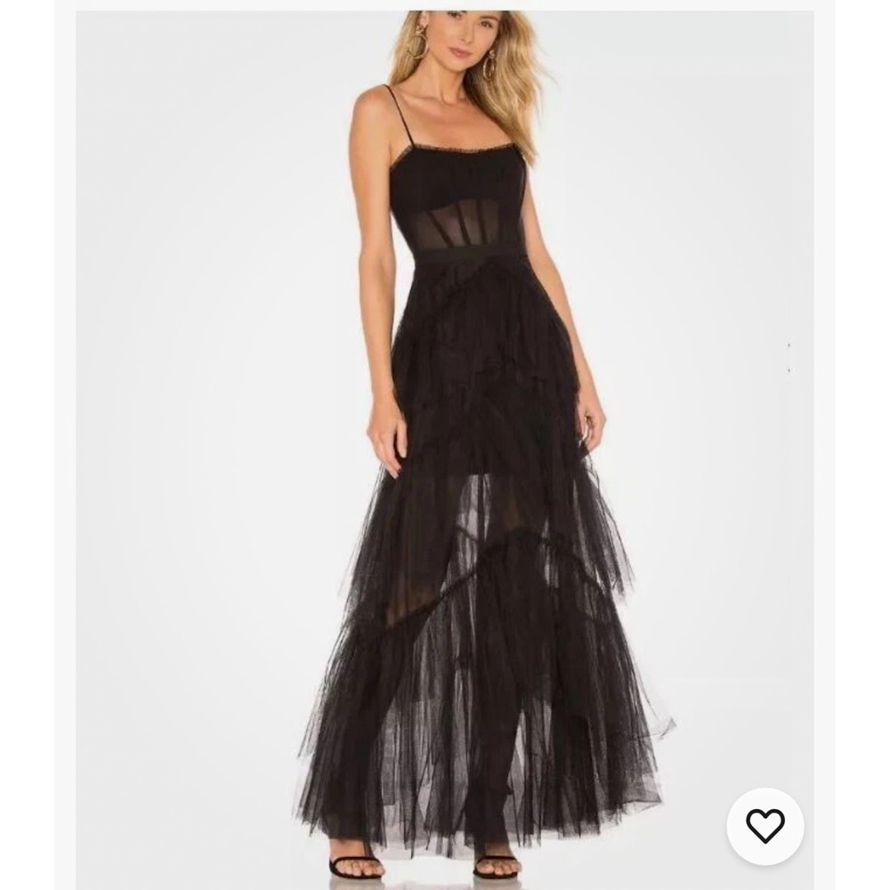 BCBGMAXAZRIA Black Strapless Tiered Tulle Maxi Gown Size 0 MSRP $498 Formal