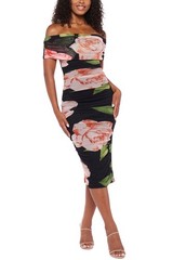 B Darlin Juniors Printed Mesh Off-The-Shoulder Midi Dress Small Black – NWT $89