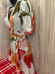 White Closet Elements Linen Blend V-neck White Foral Smock Empire Waist Dress S