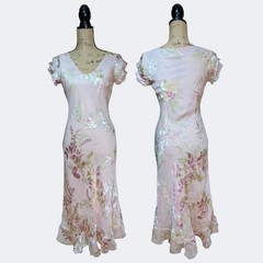 Vintage Monsoon Peony Pink Silk Blend Floral Sequin Midi Dress 90s Y2K Fairycore