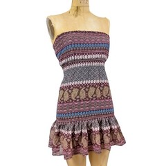 Y2K Deb Boho Paisley Smocked Mini Dress Strapless Ruffle Hem Festival Fairy Sz S
